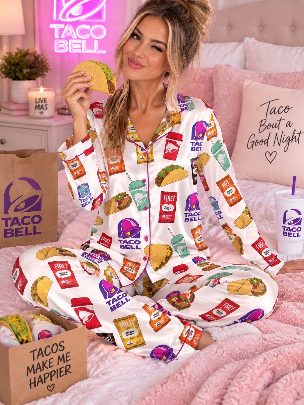 Sheshow Taco Bell Fast Food Print Satin Pajama Set 🌮✨